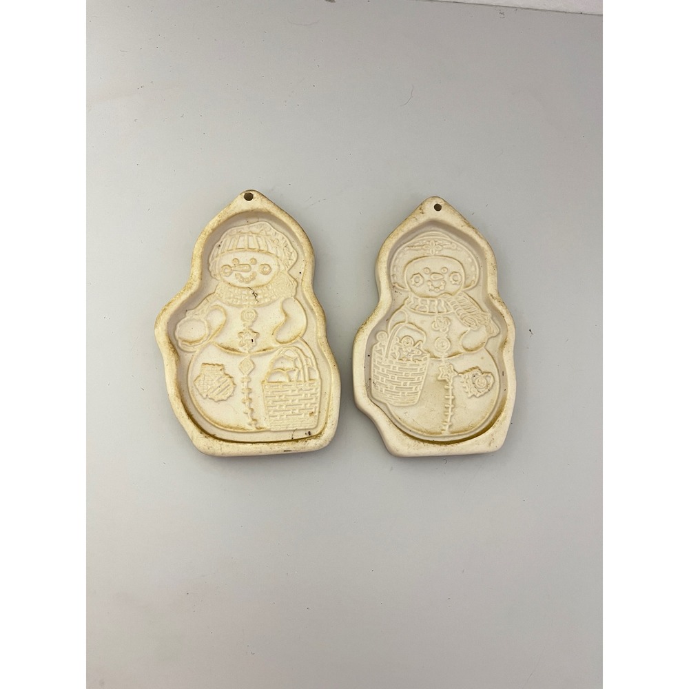 Longaberger Cookie Molds Cream 1999 Snowman Pottery Set‎ of 2